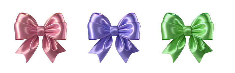 Set of Beautiful ribbon Bows. Green, Purple and Red colors. Isolated on white. Generative AI.