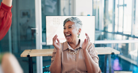 Business people, celebrate and paper with applause for success, winning in business meeting with...