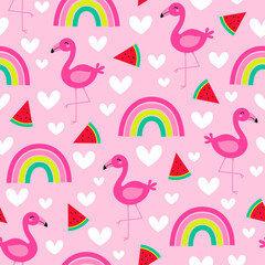 Cute hand drawn flamingo, rainbow, watermelon with heart seamless pattern for summer holidays background.