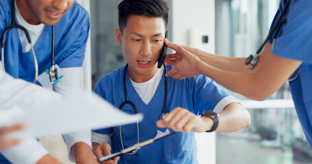 Busy, phone call and doctor with medical paperwork, hospital chaos and anxiety from healthcare...