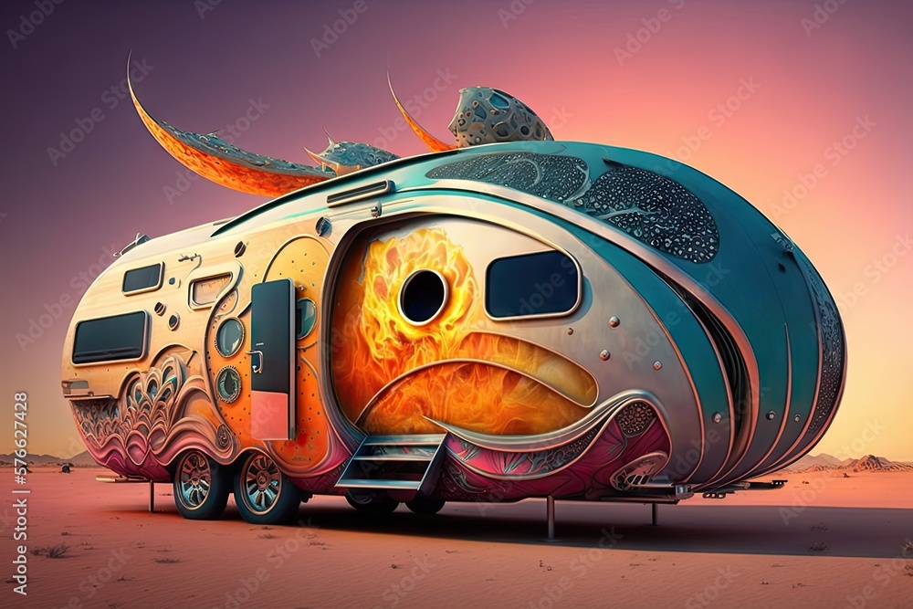 Poster gleaming metal and blazing colours - discovering a new world in this futuristic camper generative ai