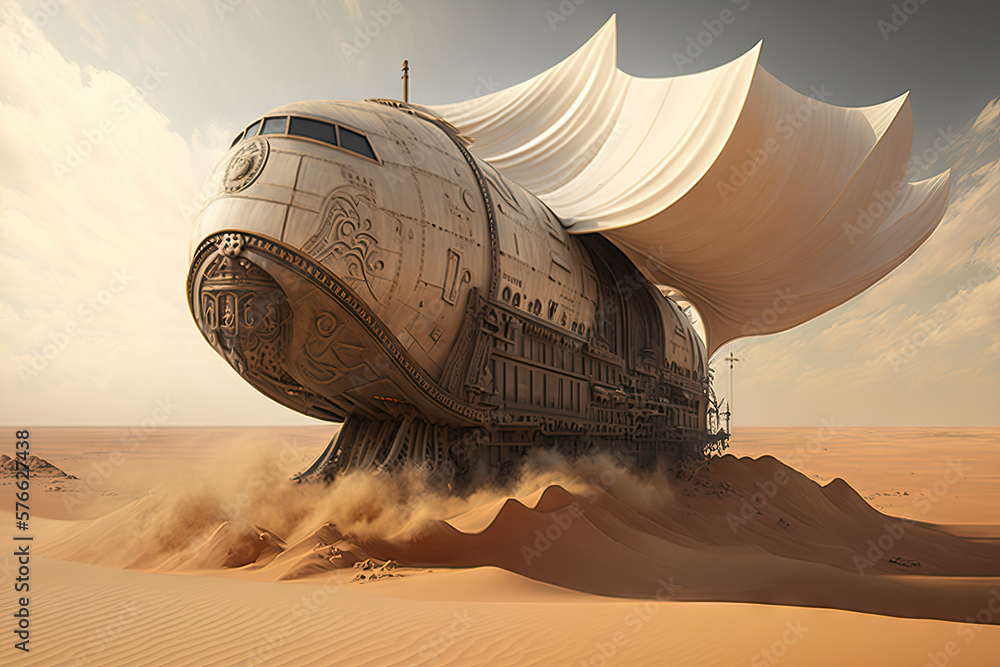 Poster gliding through the dreams of unimaginable deserts in a majestic sand ship generative ai