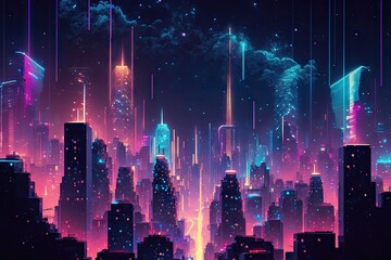 Glittering Skyscrapers Illuminating the Neon Night Sky Generative AI