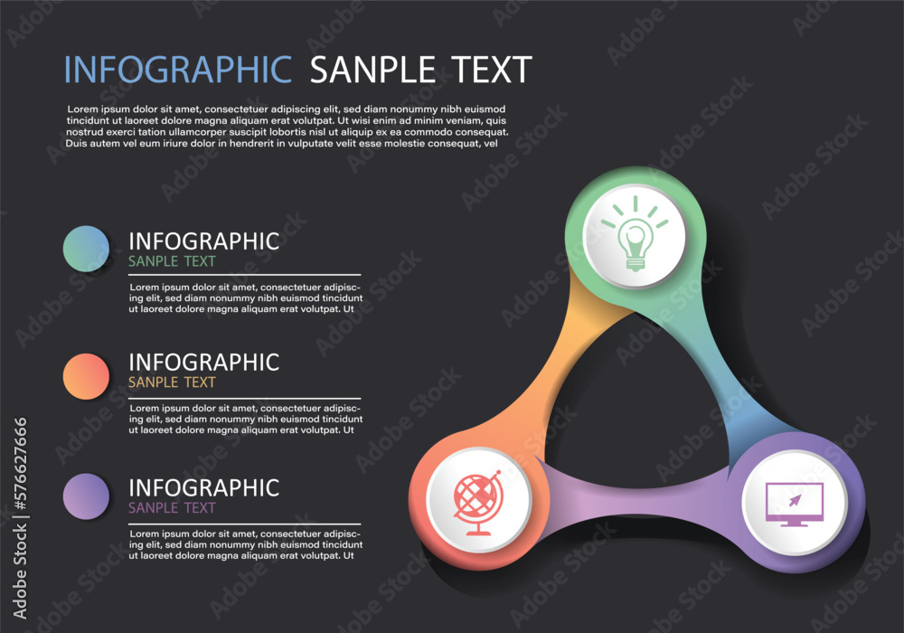 Poster vector infographic, 3 steps or 3 sections with continuation like triangles on gray and black backgro