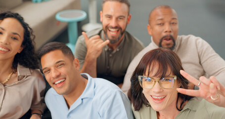 Fototapeta premium Collaboration, creative and face of happy team having fun together in the corporate office. Team building, happiness and portrait of business people with goofy, crazy and silly gesture in workplace.