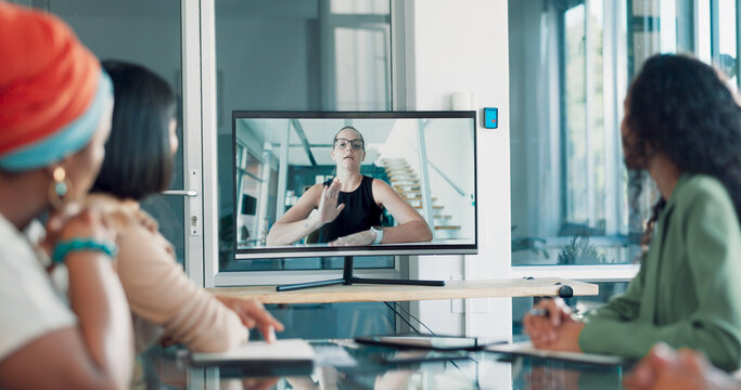 Discussion, team and video conference with screen and business people, online with business meeting and communication. Internet, webinar and online meeting, teamwork and collaboration on video call