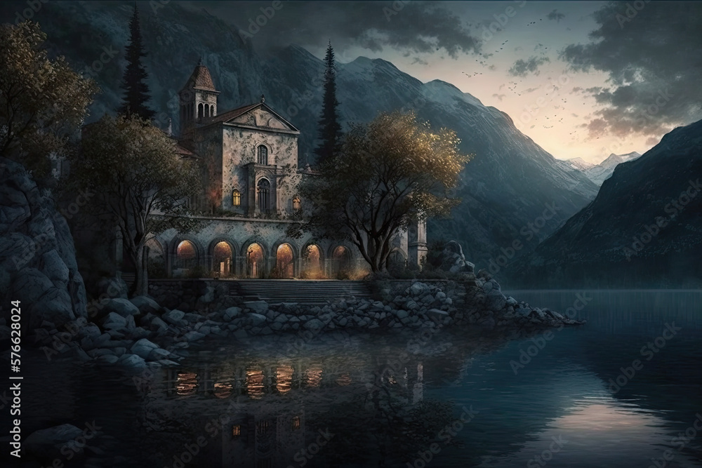 Aufkleber mystical monastery in the fading dusk generative ai