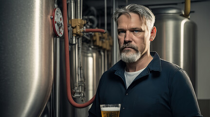 Obraz na płótnie Canvas portrait of a male brewer at modern brewery. Generative AI