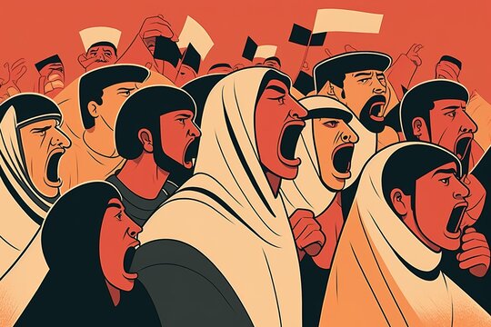 a minimalist illustration of angry Arabic people at a riot march, protesting. generative ai