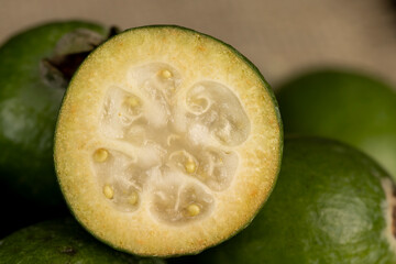 Delicious sweet and sour green feijoa on the table