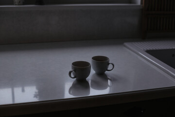 Two cups of strong coffee in the early morning. Espresso for two