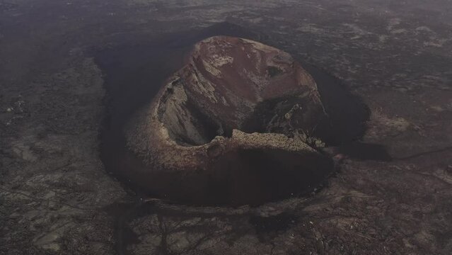 Aerial view of El Cuervo, a volcano in Timanfaya national park in Lanzarote, Canary Islands, Spain.