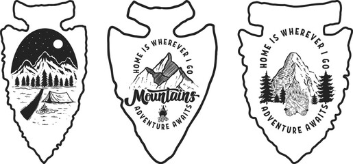 Set of Camping emblem in arrowhead shape. Design element for poster, card, banner, emblem, sign. Vector illustration