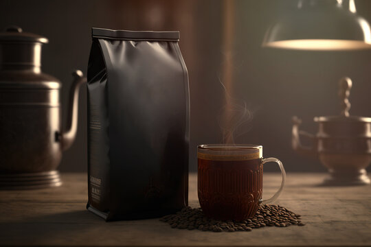 coffee bag packaging on isolated background with coffee beans