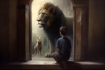 Boy and a lion in a den , generative ai - obrazy, fototapety, plakaty