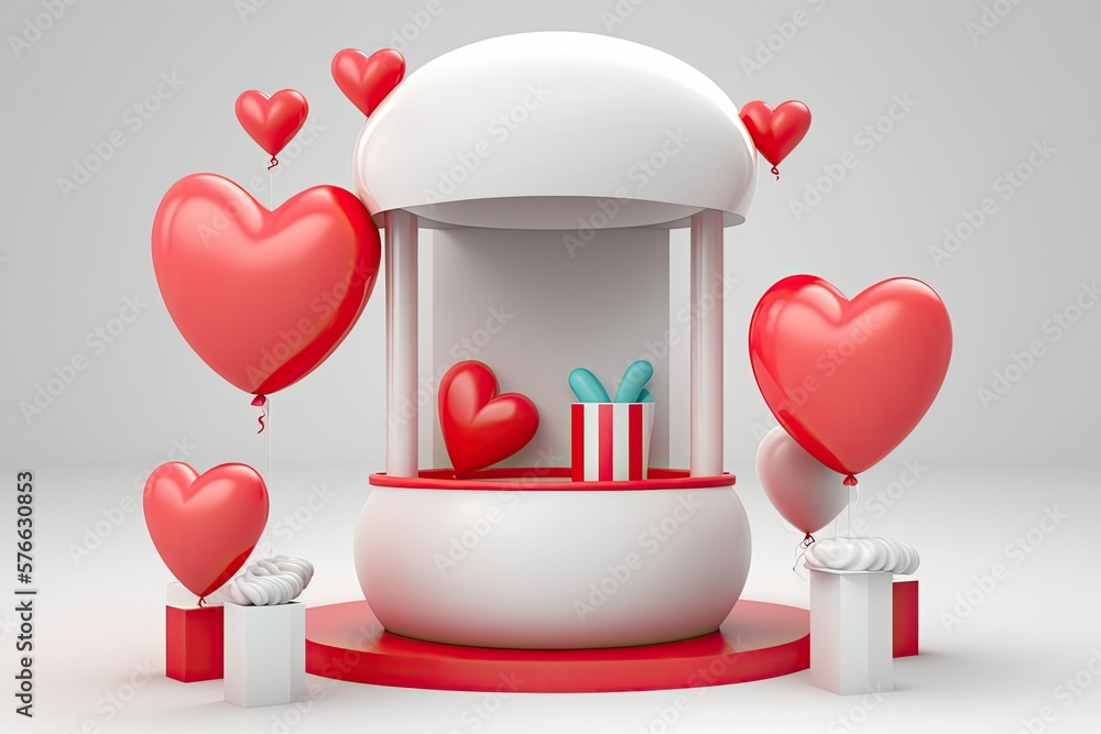 Poster balloons in the shape of a heart float above a realistic white cylinder stand or podium. displaying 