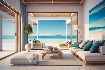 contemporary interior of Living beach lounge ocean view, generative ai