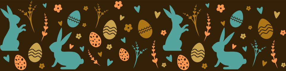 Easter pattern in pastel colors with bunnies and eggs on a dark background. Modern minimalist style. Design for your postcards or textiles. Vector horizontal pattern EPS 10
