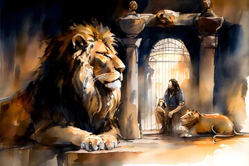 Daniel and the Lions, watercolor art, generative ai - obrazy, fototapety, plakaty