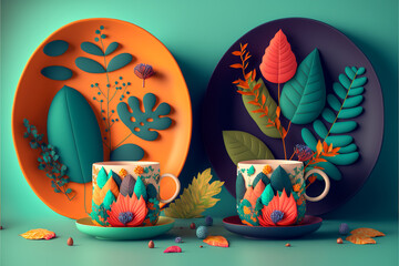 3d render cups with botanical elements, vibrant colors, generative ai background