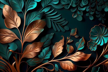 花のシームレスなエメラルド グリーンと金属銅の植物、generative  ai、抽象的な夏のビンテージ リーフの壁紙のイラスト