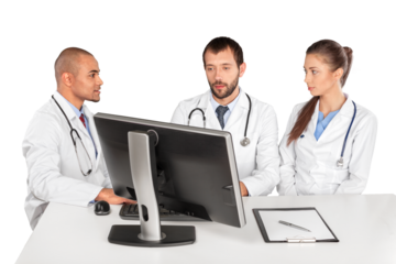 Portrait of Doctors Looking at Computer Monitor and Writing on Clipboard