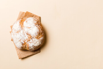 Fresh homemade crisp round bread on napkin, top view. Healthy unleavened bread. French bread. Top view Bakery products