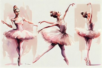 水彩は、踊るバレリーナを分離しました。手描きのクラシック バレエのパフォーマンス。generative ai、ピンクのドレスを着た若い女性の絵画セット。