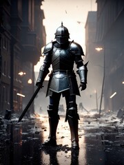 Obraz premium Knight standing on a battlefield in a city