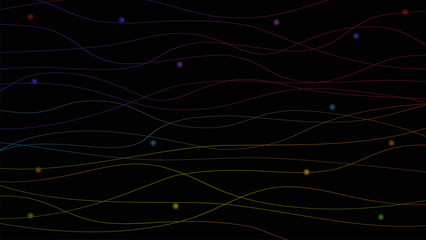 Dark abstract background with rainbow colorful lines and dots