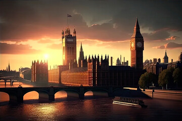Fototapeta na wymiar Westminster view at sunset. London, UK. Generative AI