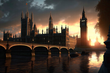 Westminster view at sunset. London, UK. Generative AI - obrazy, fototapety, plakaty