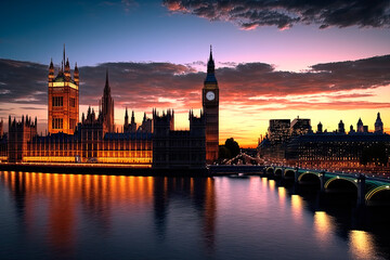 Westminster view at sunset. London, UK. Generative AI