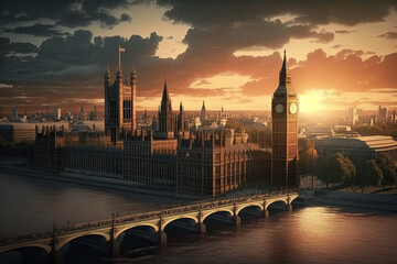 Westminster view at sunset. London, UK. Generative AI