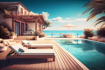 Fototapeta premium luxury blue swimming pool, for holiday and outdoor vacation, fun and relax, swim resort, generative ai, Beautiful sofa on the Swimming pool water outdoor beach