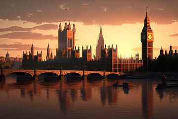 Fototapeta premium Westminster view at sunset. London, UK. Generative AI