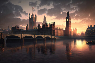 Fototapeta premium Westminster view at sunset. London, UK. Generative AI