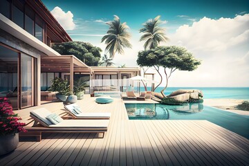 Fototapeta premium Pool at the beach with plants and trees, generative ai, Beautiful Swing sofa on the Swimming pool waters outdoor beach