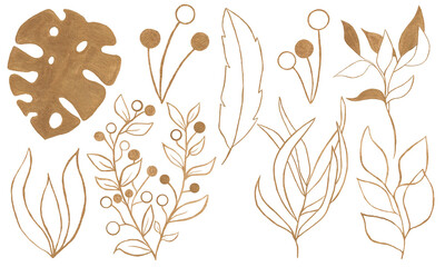 Set of watercolor illustrations gold branches and leaves 
