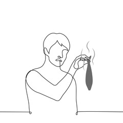 man looks with disgust at a stinky fish in his hand - one line drawing vector. concept rotten fish - obrazy, fototapety, plakaty