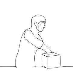 man put his hand into square cube or box - one line drawing vector. concept game or rummaging through things