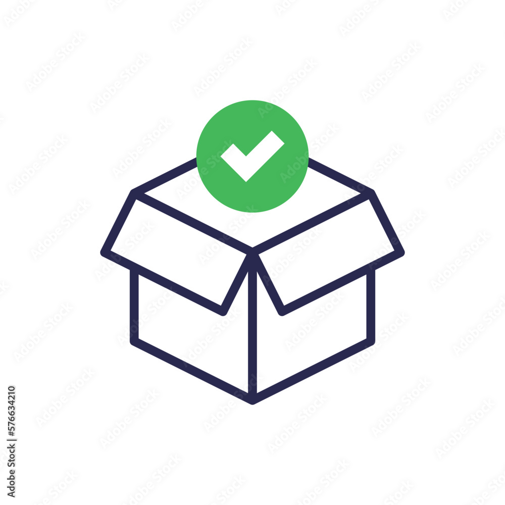Poster order checked: open package with check mark. thin line icon. modern vector illustration for delivery