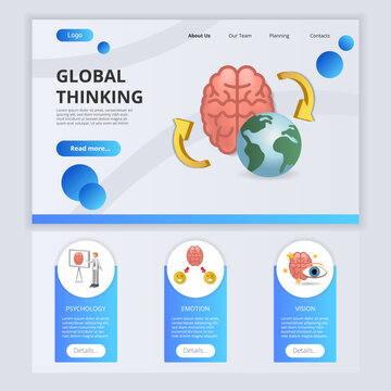 Global thinking flat landing page website template. Psychology, emotion, vision. Web banner with header, content and footer. Vector illustration.