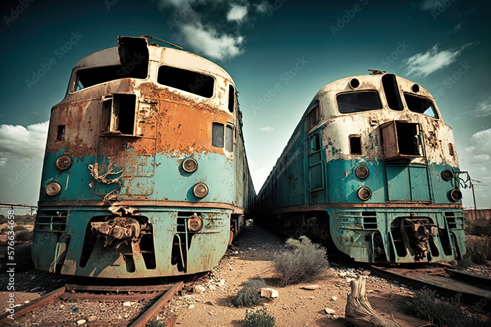 Poster captured in lebanon are the remnants of an ancient railway yard and several rusty trains. generative