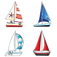 Set of brown, blue, red and aqua color yachts isolated on transparent background. Vector  EPS illustration.