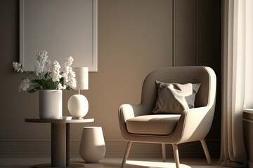 Modern armchair in minimalistic interior in beige monochrome tones, Generative AI