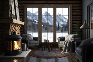 Winter Retreat: Cozy Living Room with Fireplace and Breathtaking Snowy Mountain Views in a Rustic Forest Chalet
