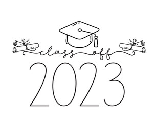 Obraz premium Class of 2023. Graduation logo with cap and diploma for high school, college graduate. Template for graduation design, party. Hand drawn logo for yearbook class of 2023. Vector grad illustration.