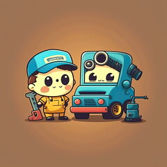 mechanic repairing car, cartoon character, holding a repair tool, car service, vector illustration, Made by AI,Artificial intelligence