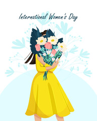 Young woman is holding a beautiful bouquet of flowers. International Women s Day. Vector illustration.